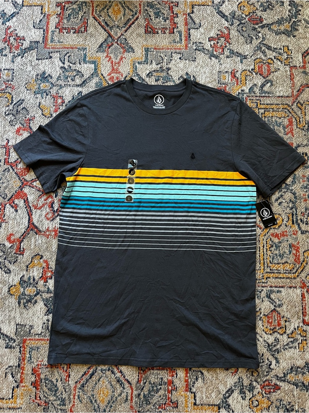 Volcom Men’s Black Short-Sleeve Crew with Yellow and Teal Stripes